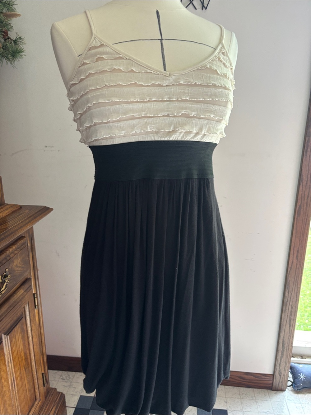 Studio Y Black and Cream Ruffled Bodice Midi Dress with Spaghetti Straps